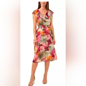 VINCE CAMUTO 
Smocked Waist Floral Ruffeled Midi Dress
